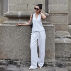 [Cao Cấp] Effortless Stripes Set - Set Trắng kẻ sọc xám nhạt, Cổ Yếm, Hở Lưng Tinh Tế