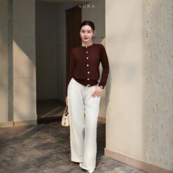 Áo Cardigan Dài Tay Nữ Màu Nâu Cafe - Chất Ticken Len Cao Cấp, Dệt Gân, Đứng Form Thanh Lịch - AURA