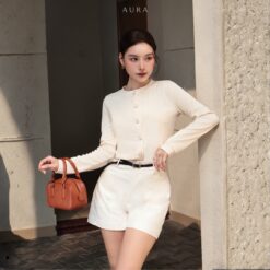 Áo Cardigan Dài Tay Nữ Màu Kem AURA - Chất Ticken Len Cao Cấp, Dệt Gân, Đứng Form Thanh Lịch - AURA